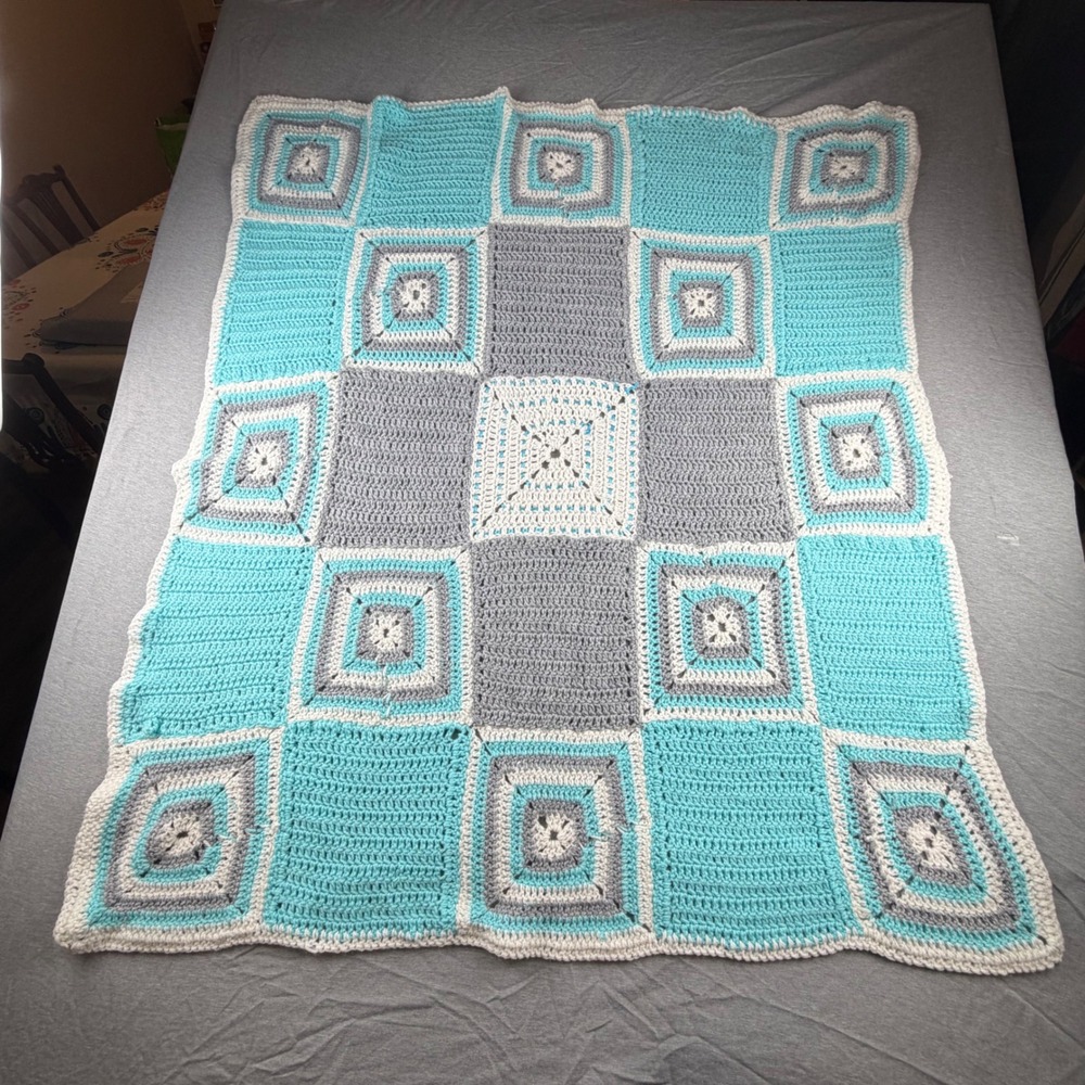 Handmade Crochet Granny Square Baby Blanket Blue Grey White Patchwork Throw